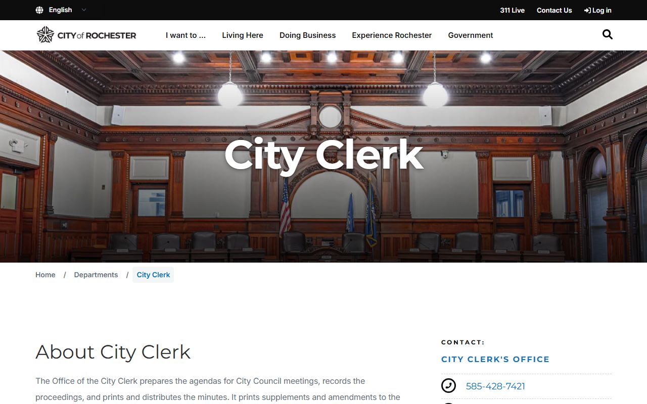 Rochester City Clerk website for public records information