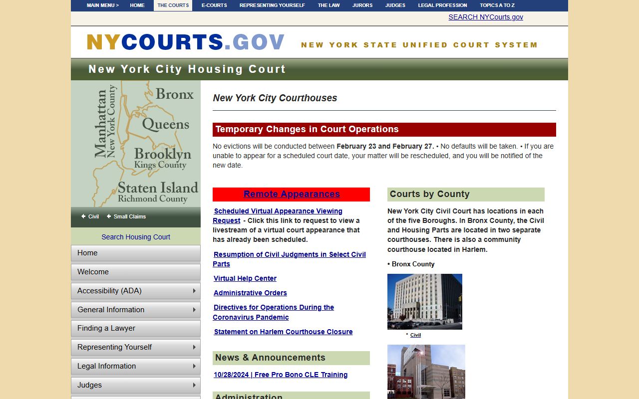 Bronx County Housing Court information page for public records