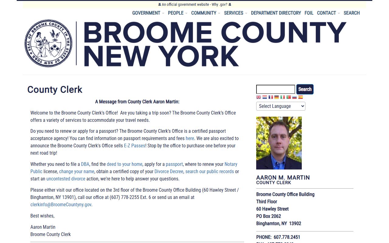 Broome County Clerk website used for searching Union public records