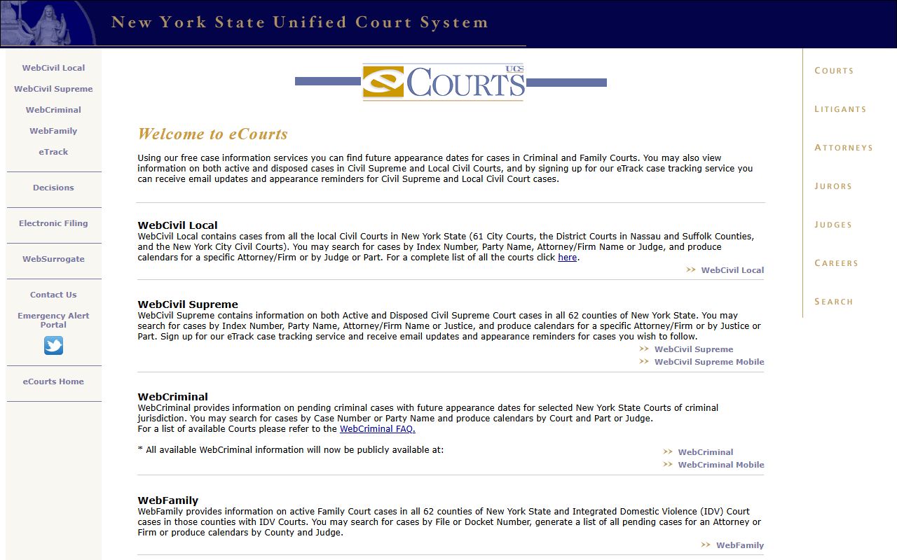 New York State eCourts main portal for searching public court records