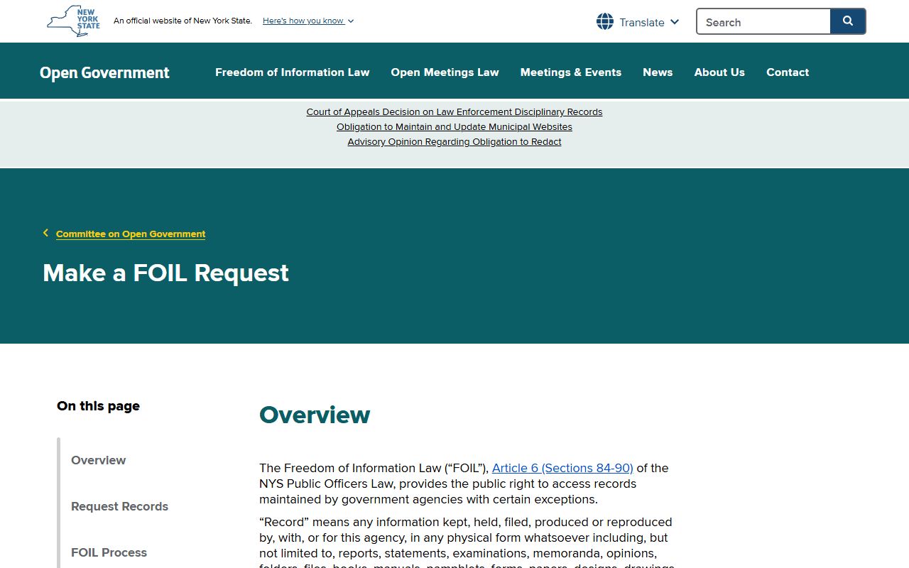 New York State FOIL request instructions page